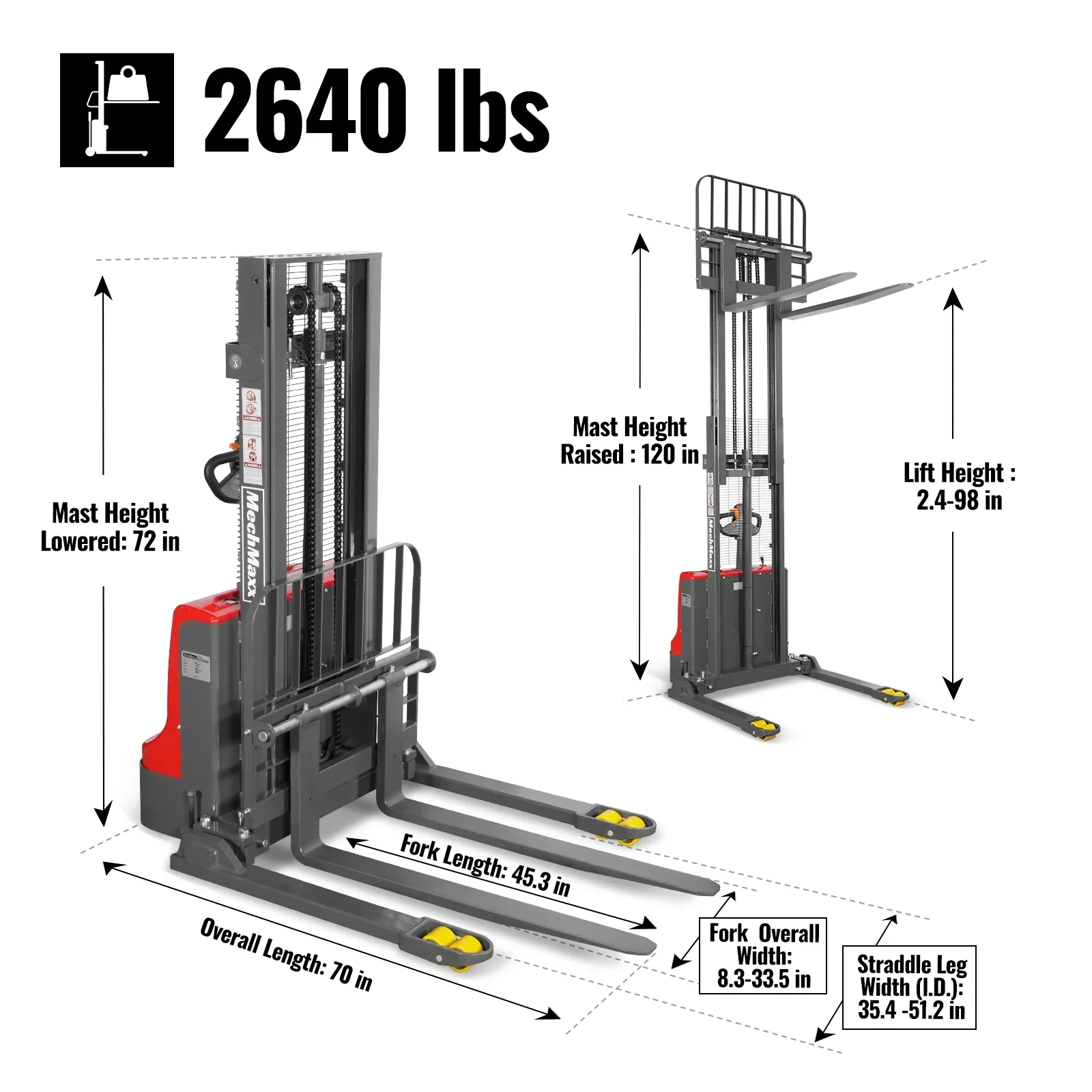 2640lbs Electric Straddle Stacker,  98" Lift,  Adjustable Legs & Forks,  F26-98SLA - Image 5