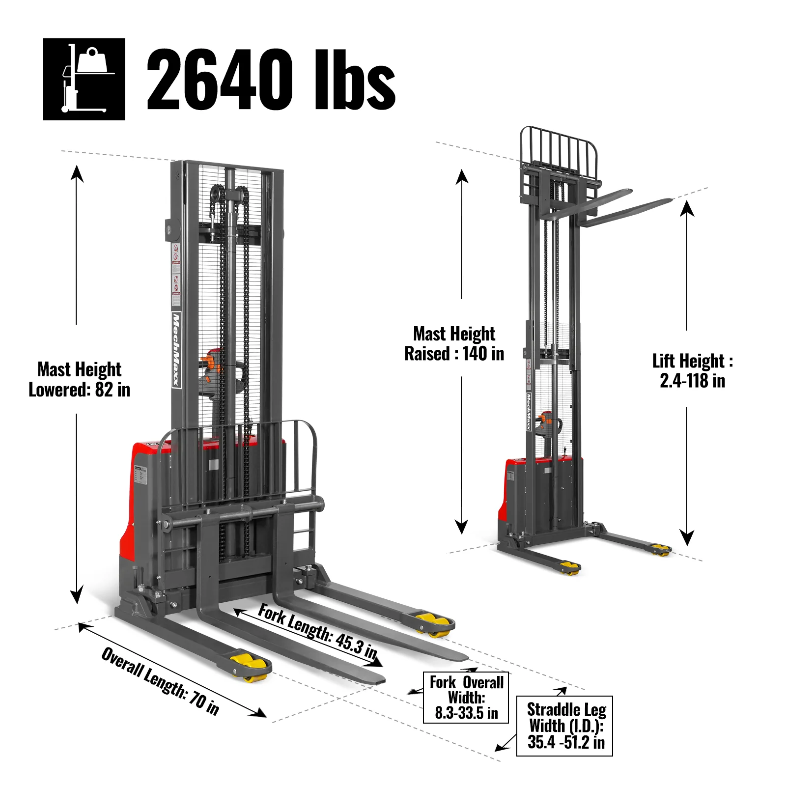 2640lbs Lithium-ion Electric Straddle Stacker,  118" Lift,  Adjustable Legs & Forks,  F26-118S - Image 5