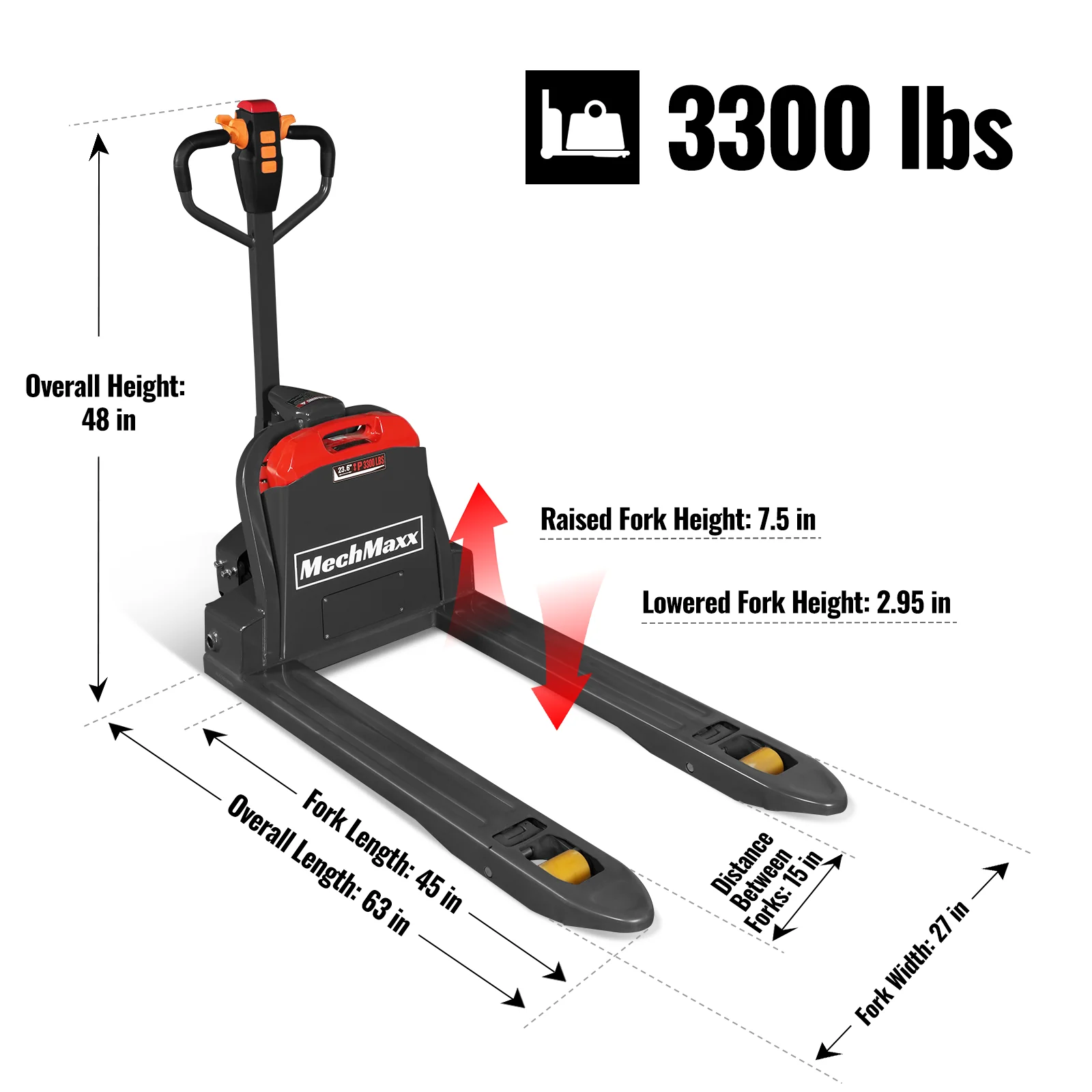 3300lbs Lithium-ion Electric Pallet Jack,  45"x27" Fork,  24V 40Ah Removable Battery,  Walkie Type Truck,  LPT33 - Image 4